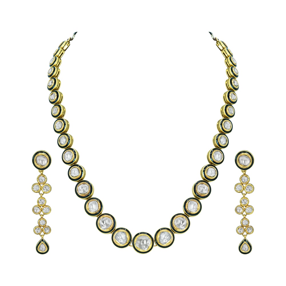 Black Enamel Polki Diamond Necklace Set for Timeless Elegance